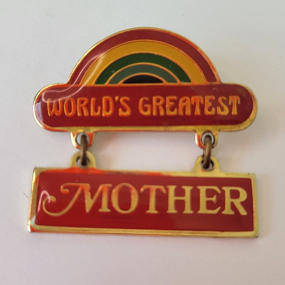 Vtg Red Enamel Rainbow Pin "World's Greatest" "Mother" Dangle Brooch 1979